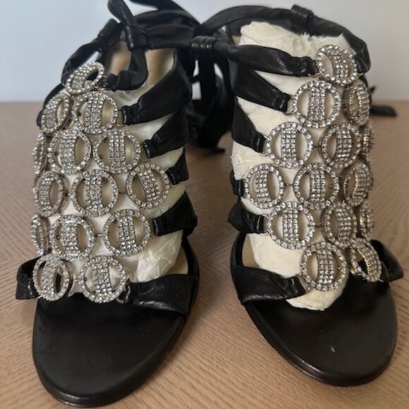 Jimmy Choo Stiletto Sandals with Ankle Strap, Black Leather and Crystals - Picture 4 of 13